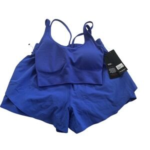 90 Degree by Reflex Activewear Set Womens S Blue NWT Ribbed Bra Layered Shorts